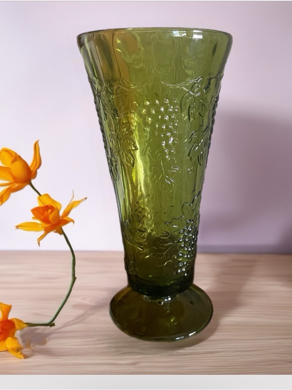 Vintage “Colony Harvest” 8” Footed Green Indiana Glass C-1950’s-70’s Collectible